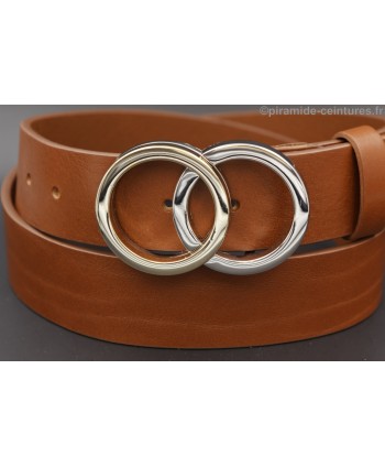 Gold and nickel double circle buckle cognac leather belt - buckle detail