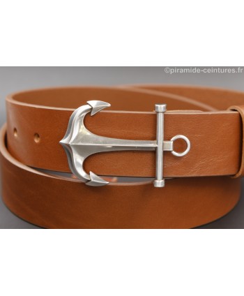 Cognac leather belt with anchor buckle - buckle detail
