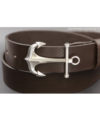 Dark brown leather belt with anchor buckle - buckle detail