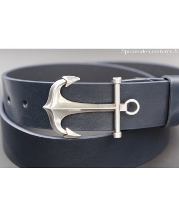 Navy blue leather belt with anchor buckle - buckle detail