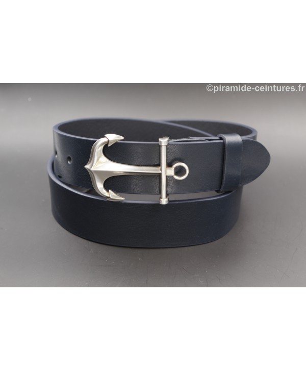 Navy blue leather belt with anchor buckle