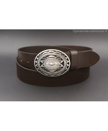 Dark brown leather belt with Aztec buckle