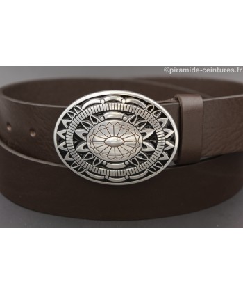 Dark brown leather belt with Aztec buckle - buckle detail