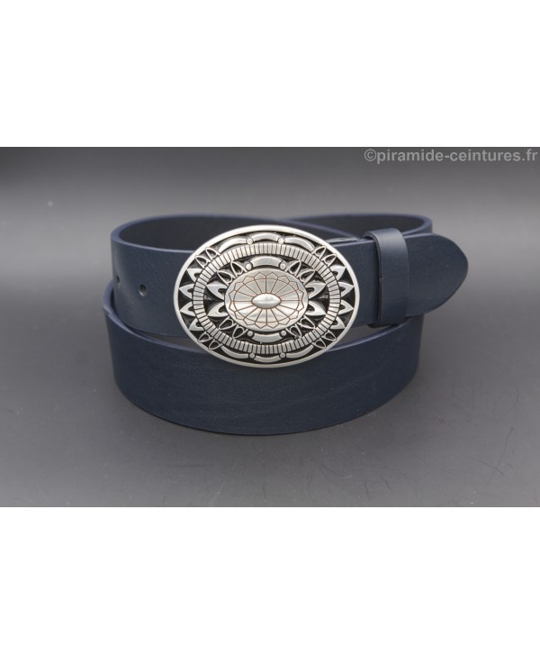 Marine blue leather belt with Aztec buckle