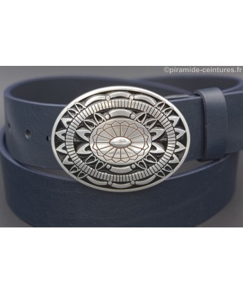 Marine blue leather belt with Aztec buckle - buckle detail