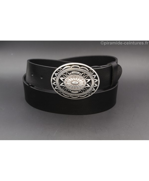 Black leather belt with Aztec buckle