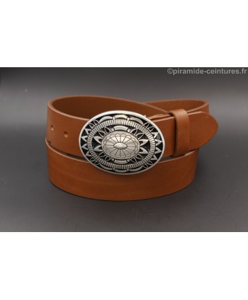 Cognac leather belt with Aztec buckle