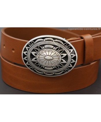 Cognac leather belt with Aztec buckle - buckle detail