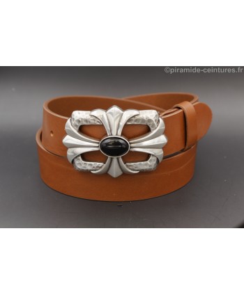 Cognac leather belt cross and stone buckle