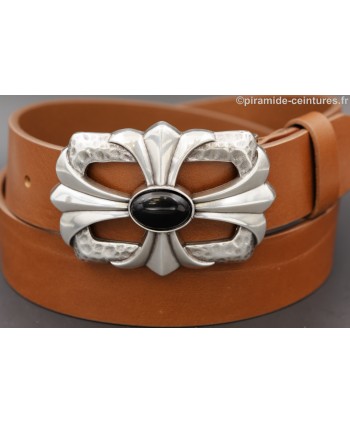 Cognac leather belt cross and stone buckle - buckle detail