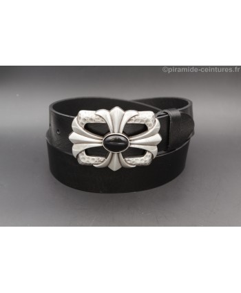 Black leather belt cross and stone buckle
