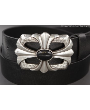 Black leather belt cross and stone buckle - buckle detail