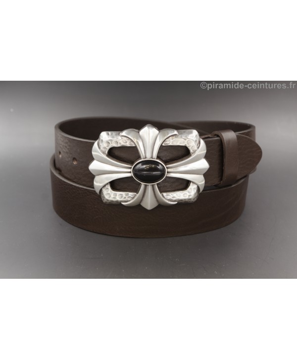 Dark brown leather belt cross and stone buckle