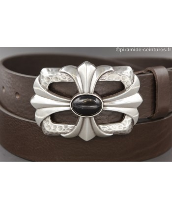 Dark brown leather belt cross and stone buckle - buckle detail