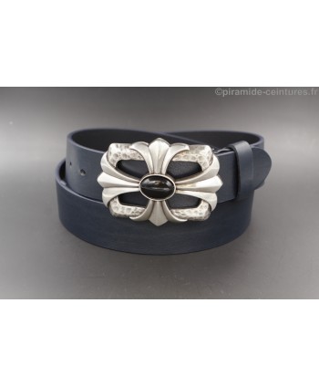 Navy blue leather belt cross and stone buckle