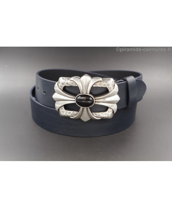 Navy blue leather belt cross and stone buckle