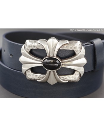 Navy blue leather belt cross and stone buckle - buckle detail