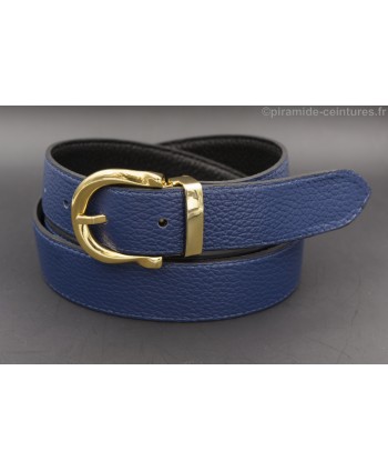 Reversible belt 30mm with gold horseshoe-style buckle - Blue side
