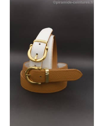 Reversible belt 30mm with gold horseshoe-style buckle - Camel and White