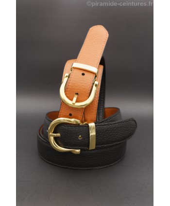 Reversible belt 30mm with gold horseshoe-style buckle - Black and Orange