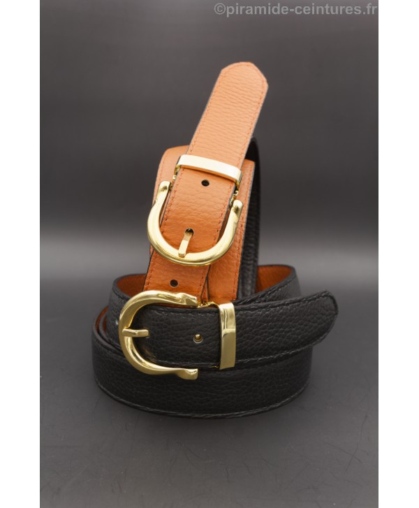 Ceinture 30 mm réversible avec boucle dorée style fer à cheval - Noir et Orange