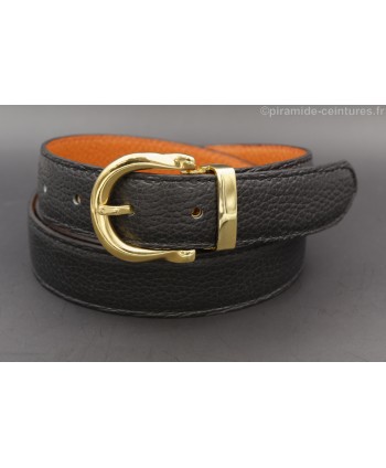 Ceinture 30 mm réversible avec boucle dorée style fer à cheval - côté Noir