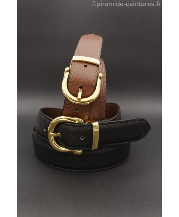 Ceinture 30 mm réversible avec boucle dorée style fer à cheval - Noir et Marron