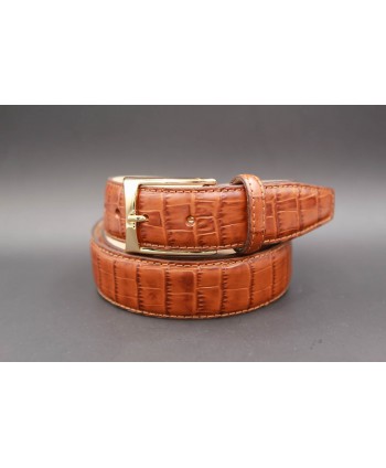 Cognac crocodile-style cowhide leather belt - golden buckle