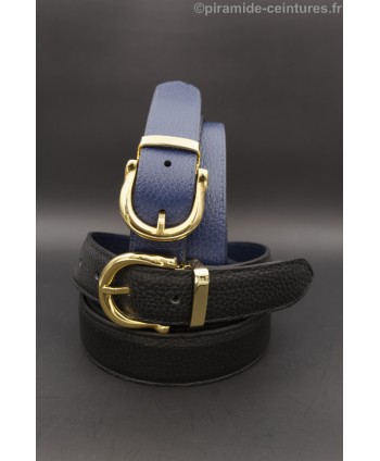Reversible belt 30mm with gold horseshoe-style buckle - Black and Blue