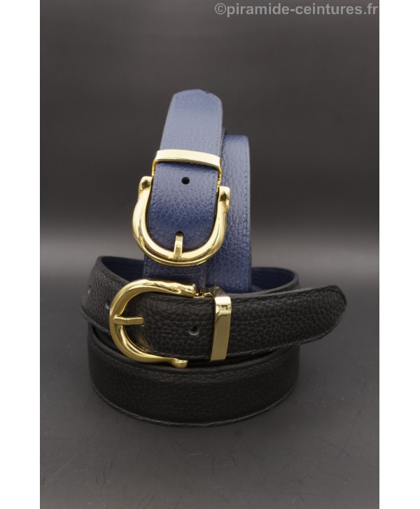 Reversible belt 30mm with gold horseshoe-style buckle - Black and Blue