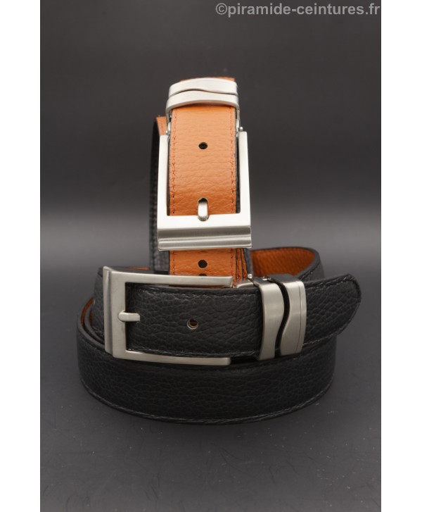 Ceinture 30 mm réversible avec boucle nickel double passant vague - Noir et Orange