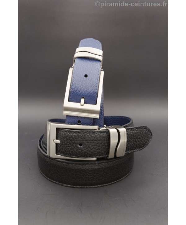 Ceinture 30 mm réversible avec boucle nickel double passant vague - Noir et Bleu