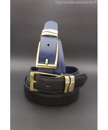 Ceinture 30 mm réversible avec boucle dorée double passant vague - Noir et Bleu