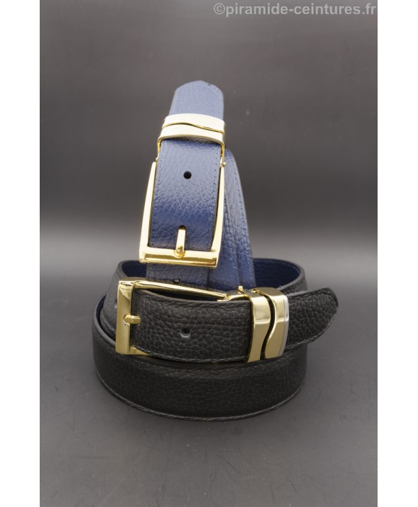 Reversible belt 30mm with double wave golden buckle - Black and Blue
