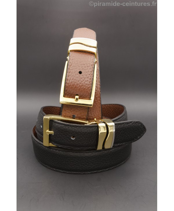 Reversible belt 30mm with double wave golden buckle - Black and Brown