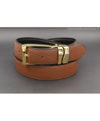Reversible belt 30mm with double wave golden buckle - Brown side