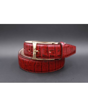 Burgundy crocodile-style cowhide leather belt - golden buckle
