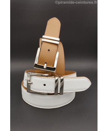 Ceinture 30 mm réversible avec boucle nickel double passant - Camel et Blanc