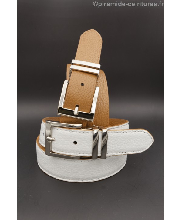 Ceinture 30 mm réversible avec boucle nickel double passant - Camel et Blanc