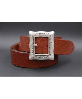 Large brown belt with buckle frame style