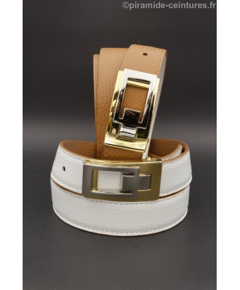 Ceinture 30 mm réversible avec boucle boitier doré et nickel - Camel et Blanc