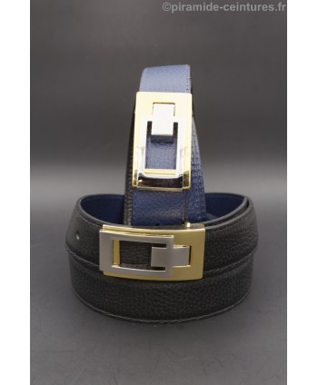 Ceinture 30 mm réversible avec boucle boitier doré et nickel - Noir et Bleu