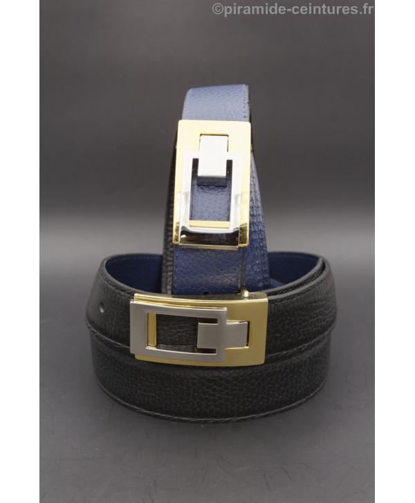 Ceinture 30 mm réversible avec boucle boitier doré et nickel - Noir et Bleu
