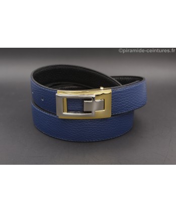 Ceinture 30 mm réversible avec boucle boitier doré et nickel - Côté Bleu