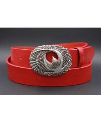 Large red leather belt with brid buckle