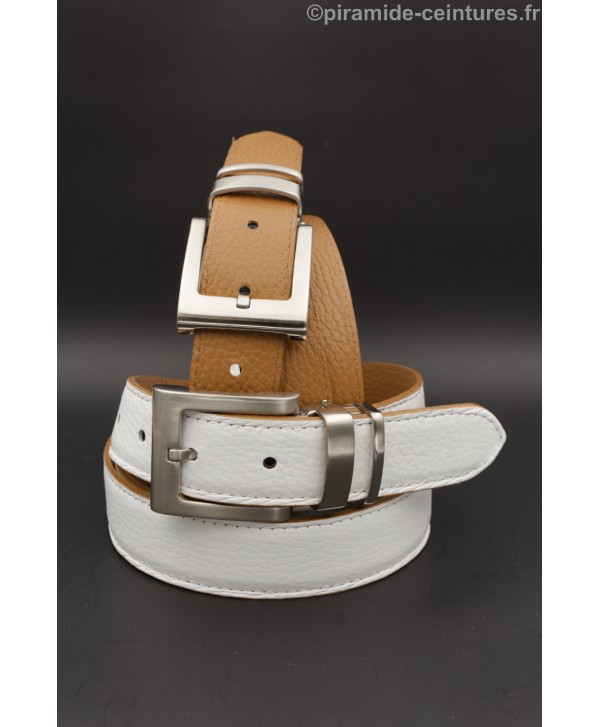 Ceinture 30 mm réversible avec boucle nickel double passant - Camel et Blanc