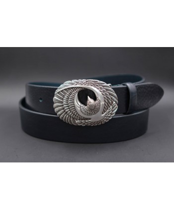 Large navy leather belt with brid buckle