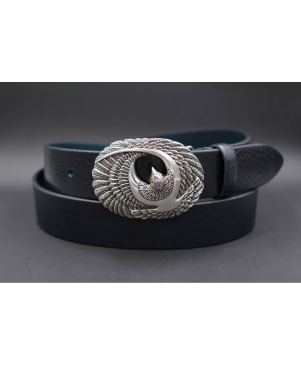 Large navy leather belt with brid buckle