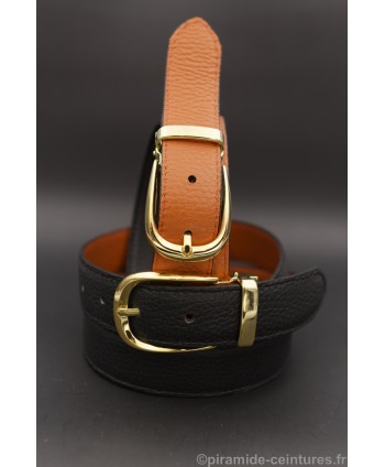Reversible belt 30mm with golden horseback-style buckle - Black and Orange