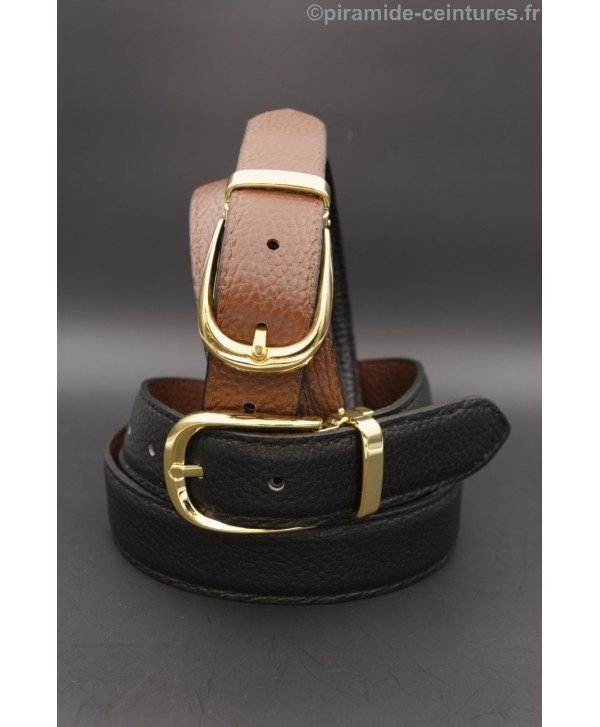 Reversible belt 30mm with golden horseback-style buckle - Black and Brown